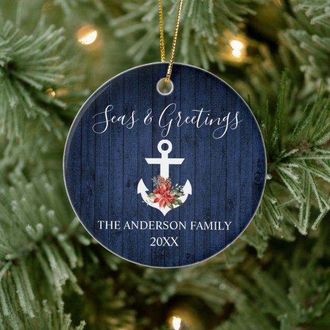 Seas and Greetings Blue Wood Poinsettia Anchor Keramik Ornament (Baum)