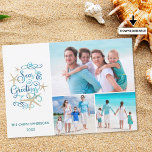 SEAS AND GREETINGS Coastal Christmas Photo Collage Feiertagskarte<br><div class="desc">Fun coastal Christmas greeting SEAS AND GREETINGS in an elegant script typography design in aqua turquoise watercolor with starfish accents and three photos. PHOTO TIP: For fastest/best results, choose photos with the subject in the middle and/or pre-crop it to a similar shape as shown BEFORE uploading. Contact the designer via...</div>