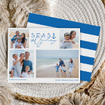 Seas & Greetings Blue Nautical Multiple Foto Feiertagskarte<br><div class="desc">Capture a cool nautic lässig und Küsten-Flair dieses Ferien-Seesohn mit unserer Küste inspiriert Weihnachtskollektion. Das Design verfügt über ein Vier-Foto-Layout, um Ihre schönen Fotos und Ferien-Fotos zu zeigen. "Seas and Greetings" ist in einem stilvollen, costal blauen Typografie-Design entworfen. Auf der Rückseite befindet sich ein kühn blaues nautisches Stripdesign mit weißem...</div>