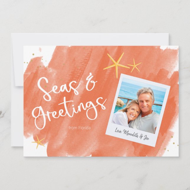 Seas & Greetings Coral & Gold Watercolor Holiday (Vorderseite)