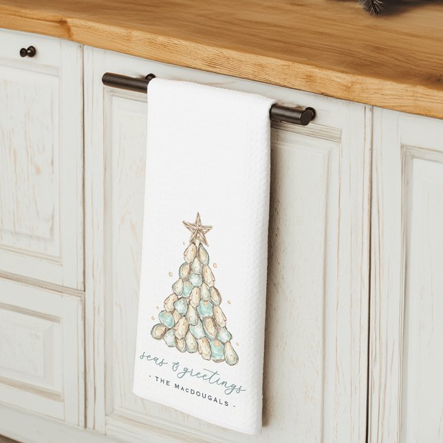 "Seas & Greetings" Küsten-Auster-Weihnachtsbaum Geschirrtuch (Von Creator hochgeladen)