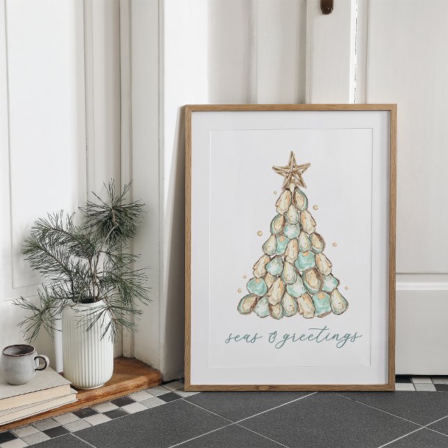"Seas & Greetings" Strandhaus Weihnachtsauster Poster (Von Creator hochgeladen)