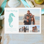 Seas N Greetings Beach Weihnachts-Seepferd-Foto Feiertagskarte<br><div class="desc">Diese Küsten-Thema 3 Foto Weihnachtskarte verfügt über ein niedliches Aqua Blue Glitzer Seepferd,  mit Seas n' Greetings Skript. Karo die Kollektion für passende Produkte und andere Farbwege aus,  oder melde mich durch Zazzle Chat,  wenn Du ein passendes Produkt benötigst.</div>