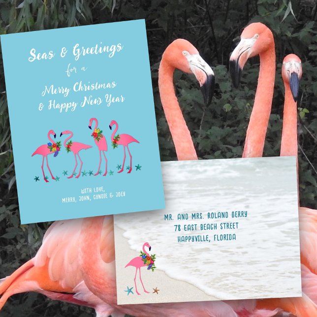 Seas n Greetings Flamingos Custom Holiday Postcard Postkarte (Von Creator hochgeladen)