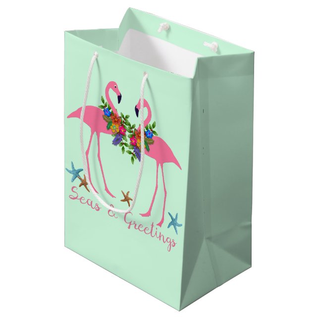 Seas n Greetings Pink Flamingos Weihnachtsminze Mittlere Geschenktüte (Vorderseite Schrägansicht)