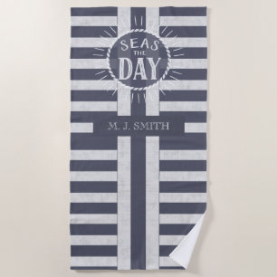 Seas the Day Bold Nautical Stripes and Name Strandtuch