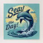 Seas the Day Retro Dolphin Ocean Aesthetic Puzzle<br><div class="desc">Dive into a world of adventure with this vibrant ocean-inspired design featuring a playful dolphin leaping through the waves. The bold retro typography and warm sunset hues create a nostalgic yet energizing beach aesthetic, blending vintage surf culture with a modern twist. With its dynamic movement and refreshing coastal vibes, this...</div>