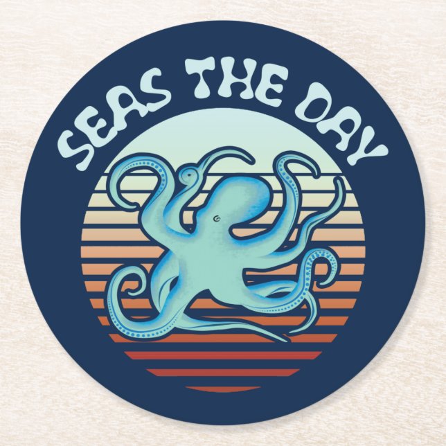 Seas The Day | Summer Vibes Octopus Runder Pappuntersetzer (Vorderseite)