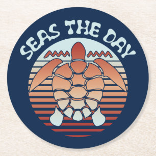 Seas The Day   Summer Vibes Turtle Runder Pappuntersetzer