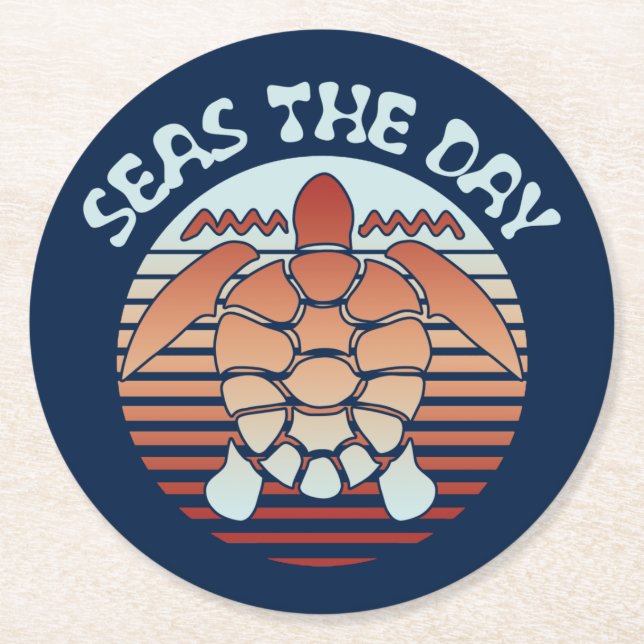 Seas The Day | Summer Vibes Turtle Runder Pappuntersetzer (Vorderseite)