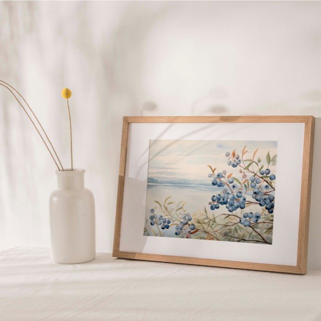 Seascape Blueberry Frucht Pflanze Aquarell drucken Poster (Watercolor print depicting a fruitful blueberry bush against a serene coastal backdrop.)