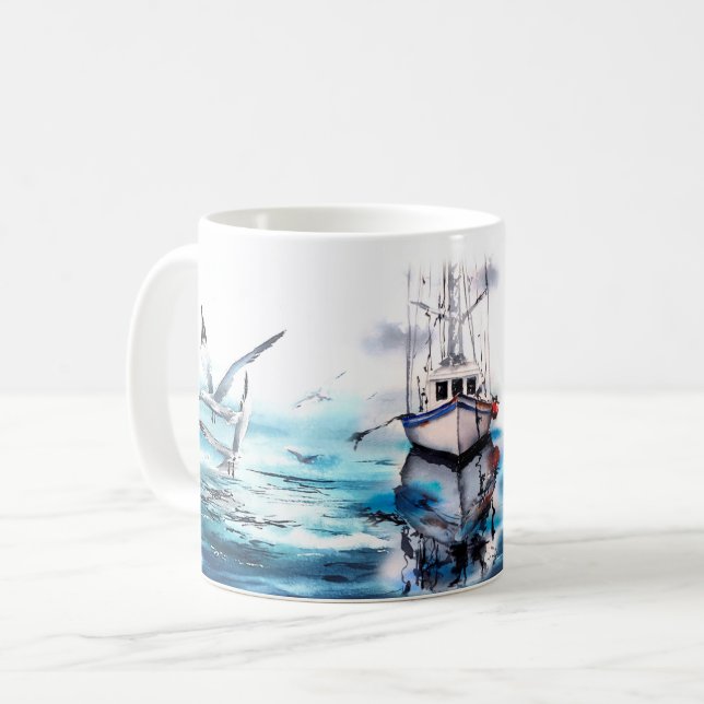 Seascape Boat Birds Kaffeetasse (Vorderseite Links)