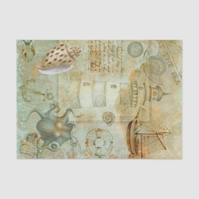 Seascape Lighthouse Octopus Vintag Seidenpapier (Vorderseite)