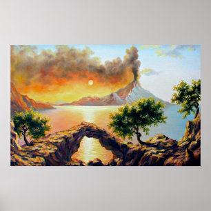 Seascape mit dem Ausbruch des Vulkans, Öl auf Poster