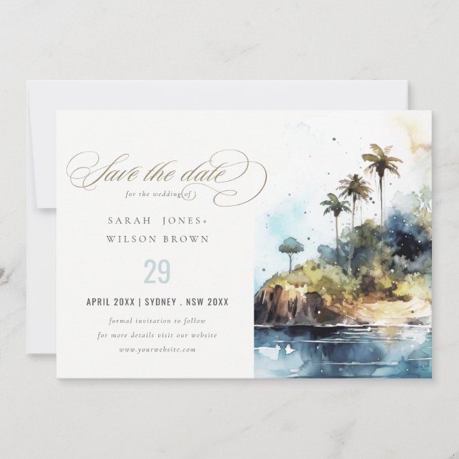Seascape Palm Tree Island Wasserfarbenhochzeit Save The Date (Vorderseite)