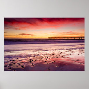 Seascape und Pier bei Sonnenuntergang, CA Poster