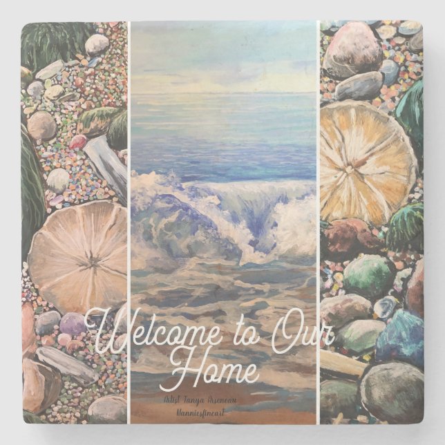  Seascape Welcome  Blue Personalize Print  Steinuntersetzer (Vorderseite)