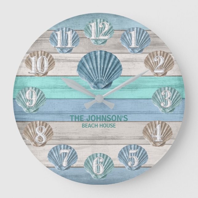 Seashell and Beach Wood Nautical - Blau Aquamarin  Große Wanduhr (Vorderseite)