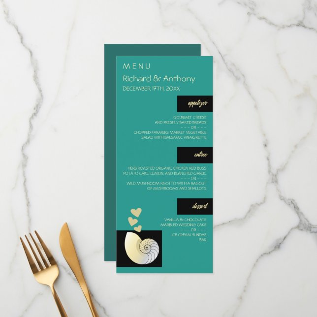 Seashell and Hearts, Beach Wedding Menu Menükarte (Vorderseite/Rückseite Beispiel)