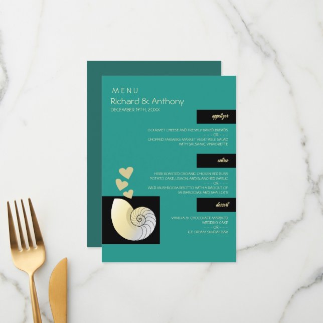 Seashell and Hearts, Beach Wedding Menükarte (Vorderseite/Rückseite Beispiel)