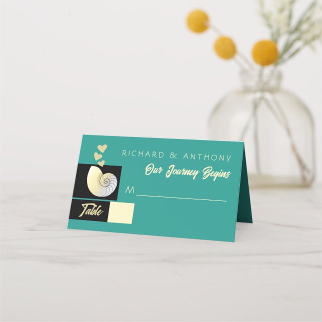 Seashell and Hearts, Beach Wedding Platzkarte (Vorderseite)