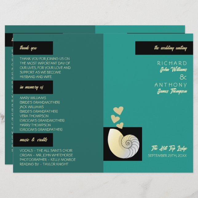 Seashell and Hearts, Beach Wedding Program (Vorne/Hinten)