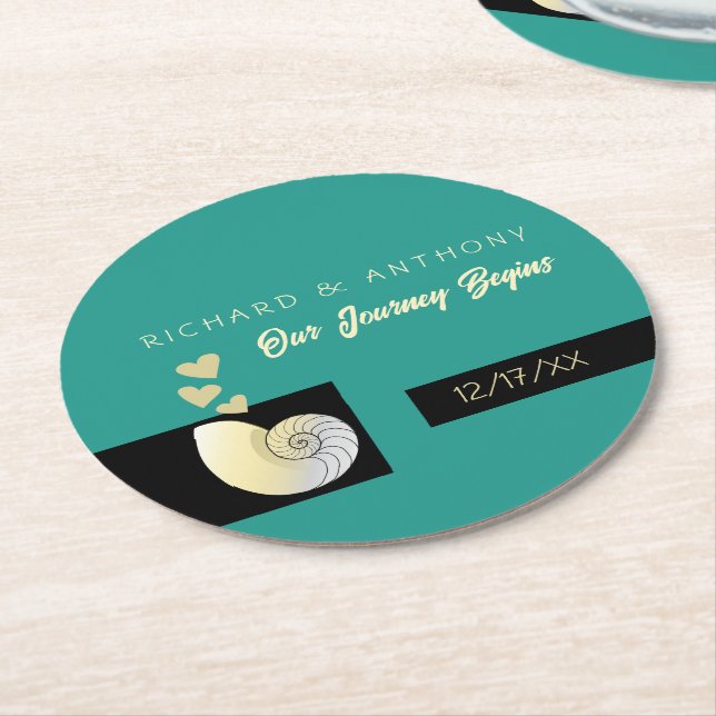 Seashell and Hearts, Beach Wedding Runder Pappuntersetzer (Angewinkelt)