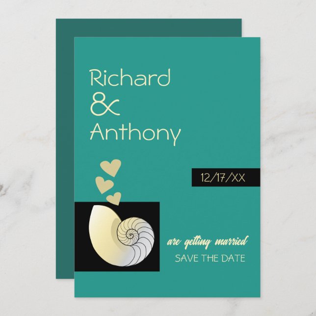 Seashell and Hearts, Beach Wedding Save The Date (Vorne/Hinten)