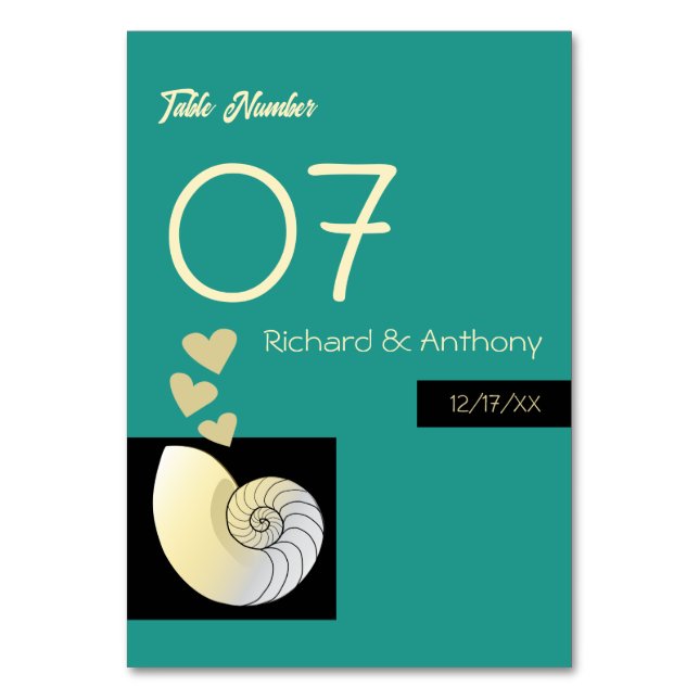 Seashell and Hearts, Beach Wedding Tischnummer (Vorderseite)