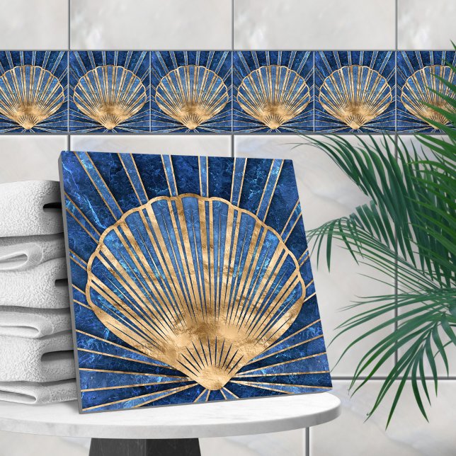 Seashell Art Déco - Blauer Marmor und Gold Fliese (Von Creator hochgeladen)
