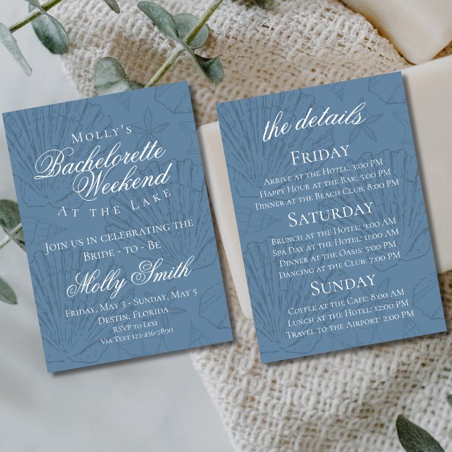 Seashell Beach Bachelorette Itinerary Einladung (Lake Bach Weekend invite with modern font – perfect for engagement or bridal celebrations!)