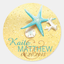 Seashell Beach Hochzeit in Urlaubsort Label Runder Aufkleber
