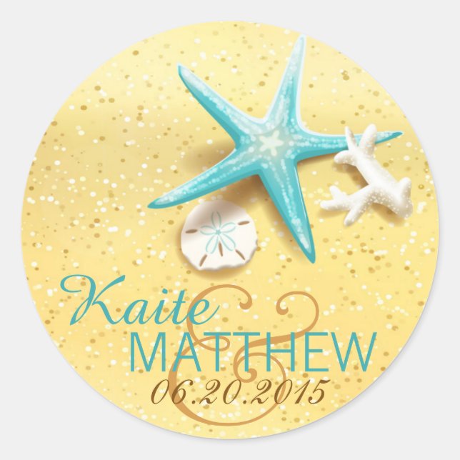 Seashell Beach Hochzeit in Urlaubsort Label Runder Aufkleber (Vorderseite)