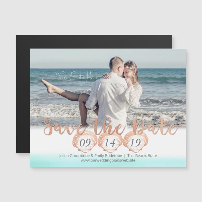 Seashell Beach Magnetic Save the Date Magneteinladung (Vorne/Hinten)