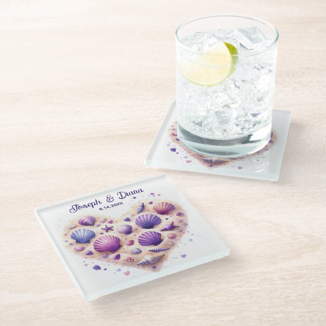 Seashell Beach Valentine Anniversary Names Glasuntersetzer (Schrägansicht)