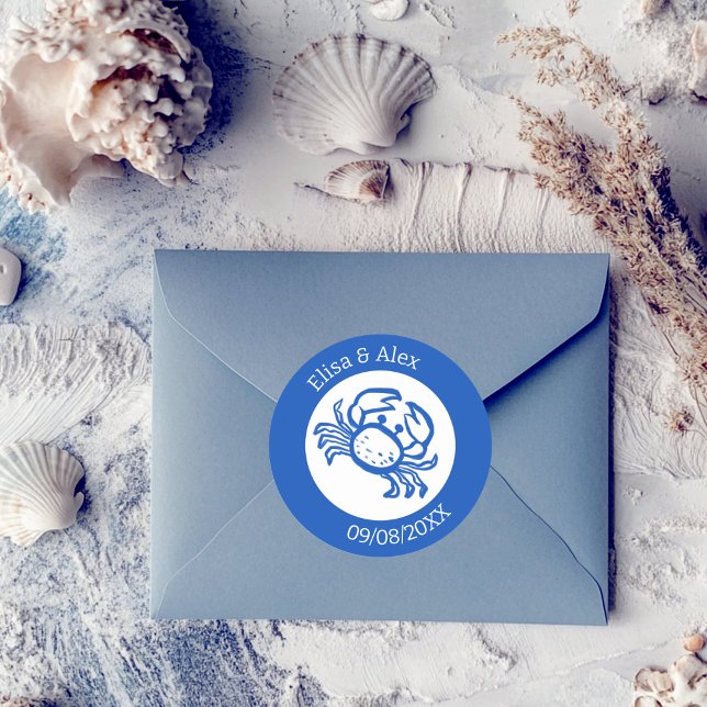 Seashell Beach Wedding Blue White CUSTOM Runder Aufkleber (Seashell Beach Wedding Blue White CUSTOM Classic Round Sticker
)
