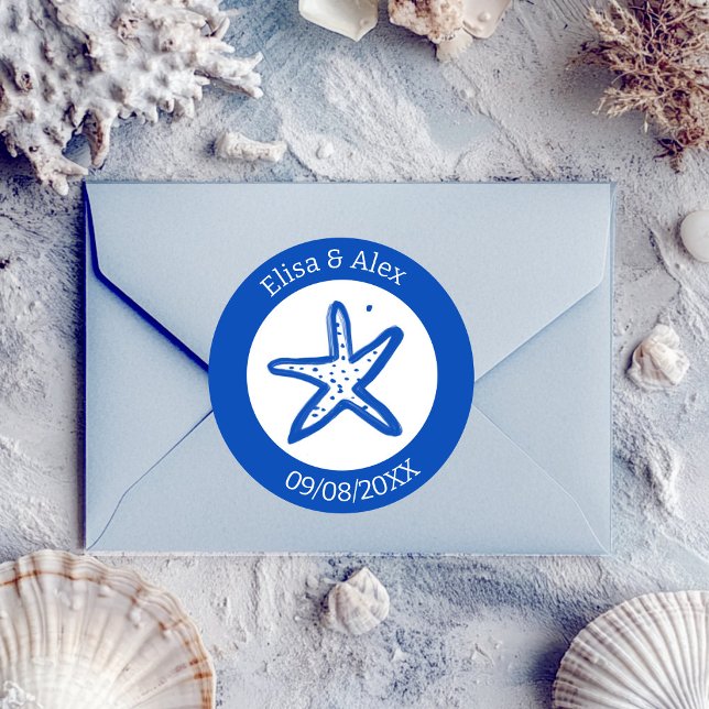 Seashell Beach Wedding Blue White CUSTOM Runder Aufkleber (Seashell Beach Wedding Blue White CUSTOM Classic Round Sticker
)