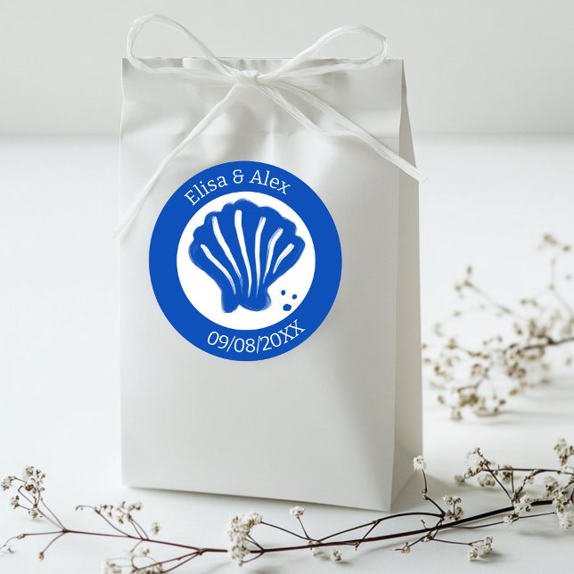 Seashell Beach Wedding Blue White CUSTOM Runder Aufkleber (Seashell Beach Wedding Blue White CUSTOM Classic Round Sticker
)