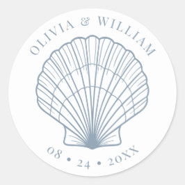 Seashell Beach Wedding Coastal Dusty Blue Runder Aufkleber