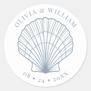 Seashell Beach Wedding Coastal Dusty Blue Runder Aufkleber
