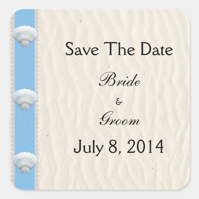 Seashell Beach Wedding Save the Date Quadratischer Aufkleber (Vorderseite)