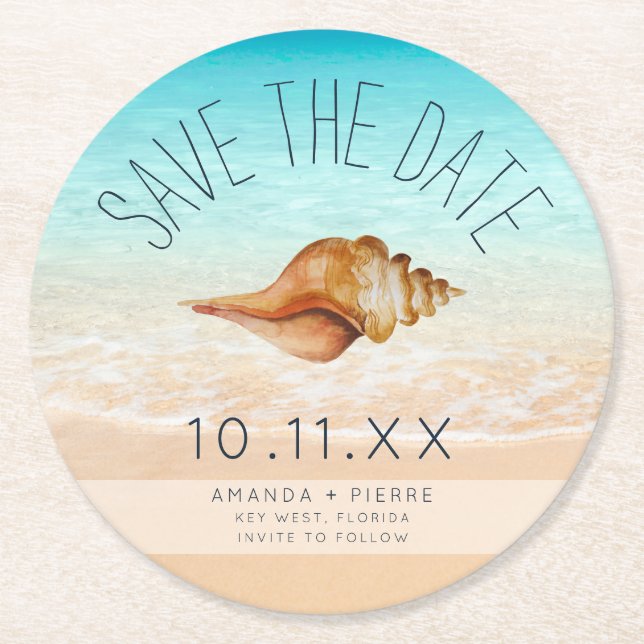 Seashell Beach Wedding Save the Date Runder Pappuntersetzer (Vorderseite)