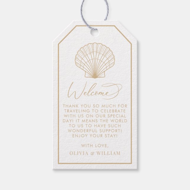 Seashell Beige Beach Wedding Willkommen Geschenkanhänger (Vorderseite)