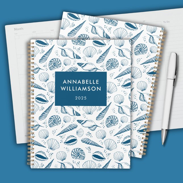 Seashell Blue und White Beach Planer (Seashell blue and white personalized planner)