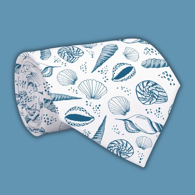 Seashell Blue White Beach Krawatte (Blue & White Seashell Tie Coastal Chic Men’s Accessory Nautical Wedding Style)