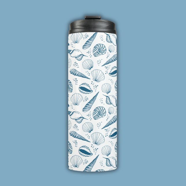 Seashell Blue White Beach Thermosbecher (Coastal chic blue seashell nautical beach vibe thermal tumbler)