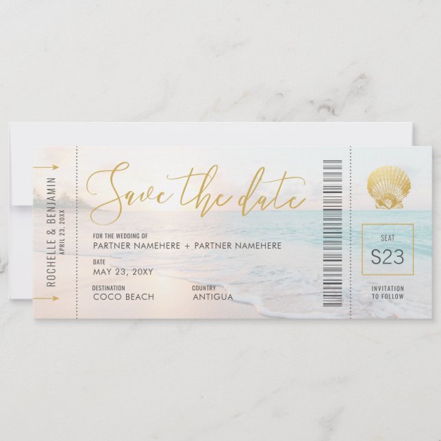 Seashell Boarding Pass Ticket Beach Hochzeit Save The Date (Vorderseite)