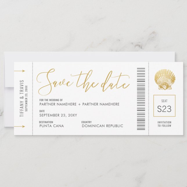 Seashell Boarding Pass Ticket Beach Hochzeit Save The Date (Vorderseite)