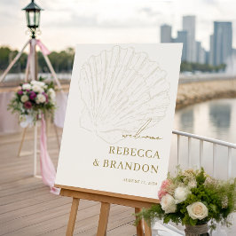 Seashell Coastal Ivory Gold Wedding Welcome Sign