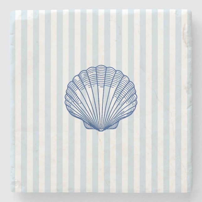 Seashell Coastal Painting Nautical Stripe Steinuntersetzer (Vorderseite)